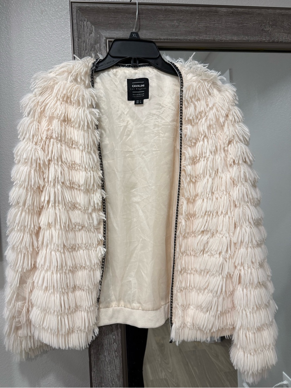 Cavalini Cream Fringe Faux-Fur Open Jacket